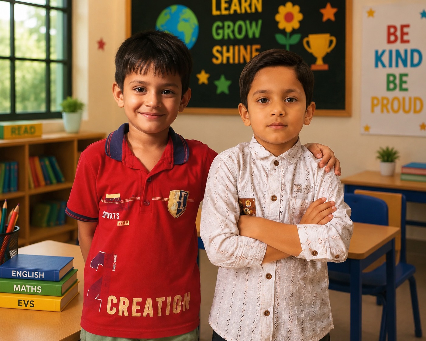 Two school students standing together in a bright, decorated classroom